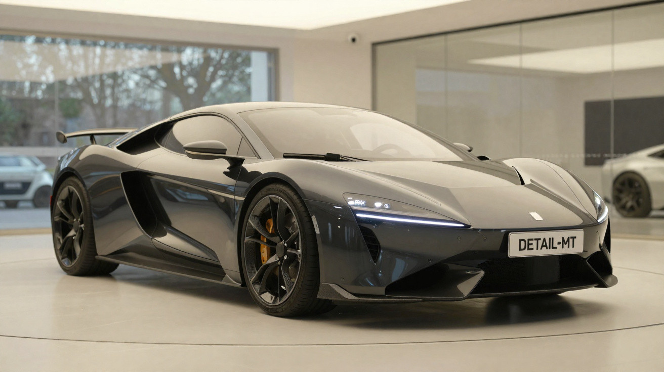 Carro esportivo preto com design aerodinâmico em showroom moderno com piso branco.