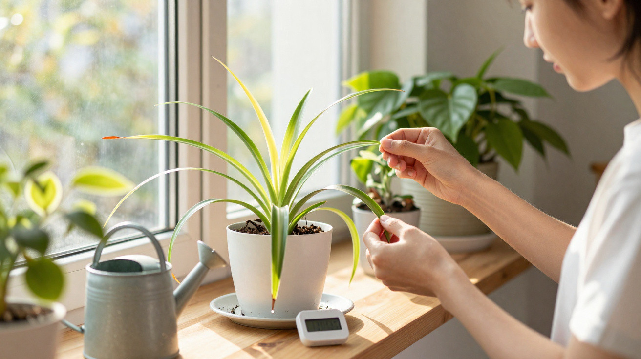 Pessoa cuidando de planta em vaso na prateleira perto da janela com regador e termômetro digital.