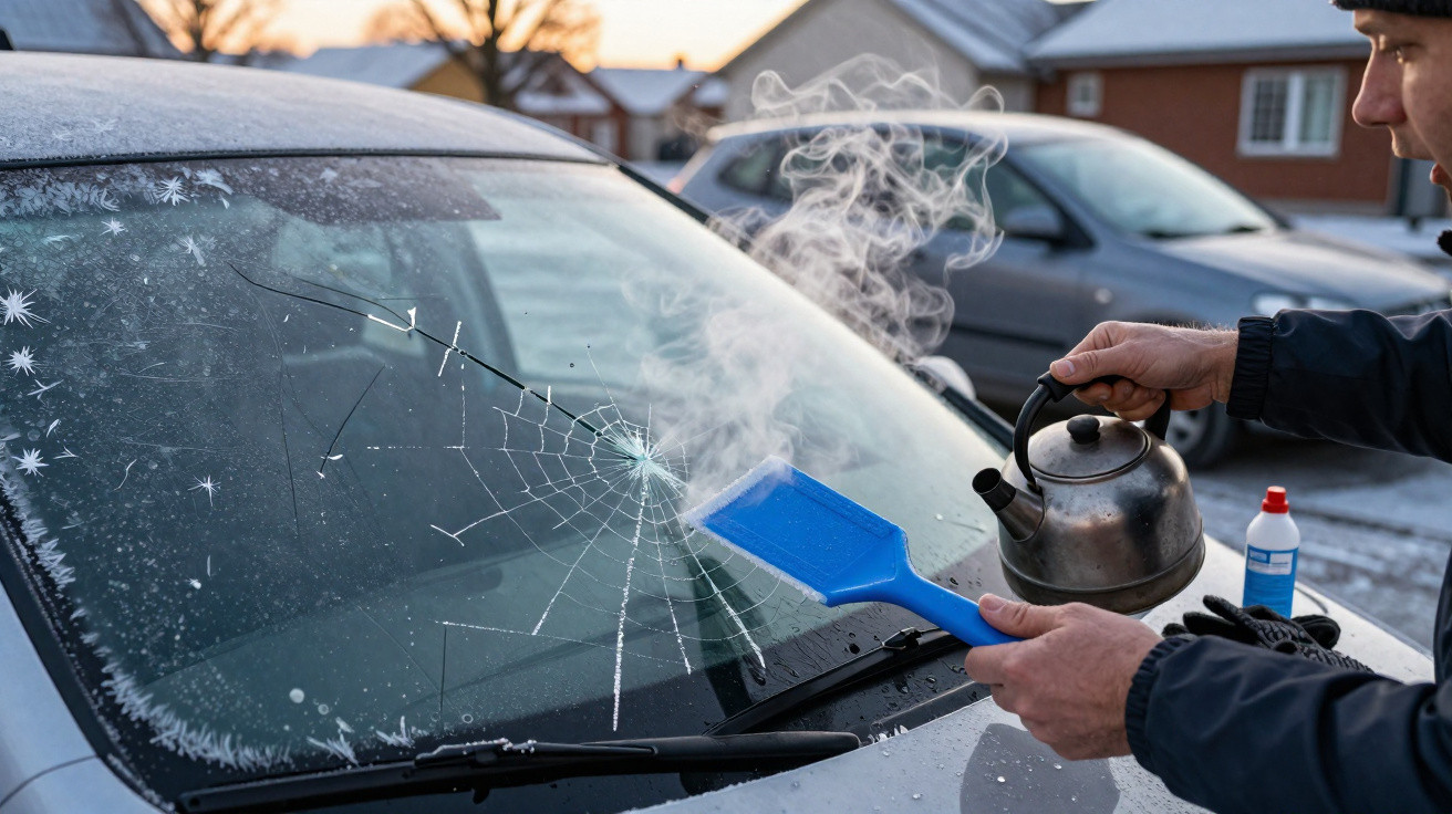 Pessoa despejando vapor quente de chaleira para descongelar para-brisa congelado de carro com raspador azul na mão.