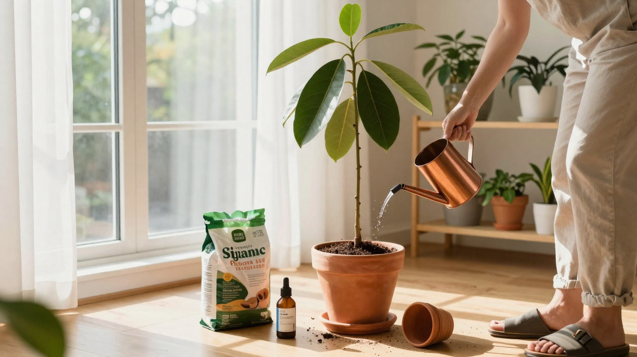 Pessoa regando planta em vaso de barro dentro de casa, com produtos para jardinagem ao lado.