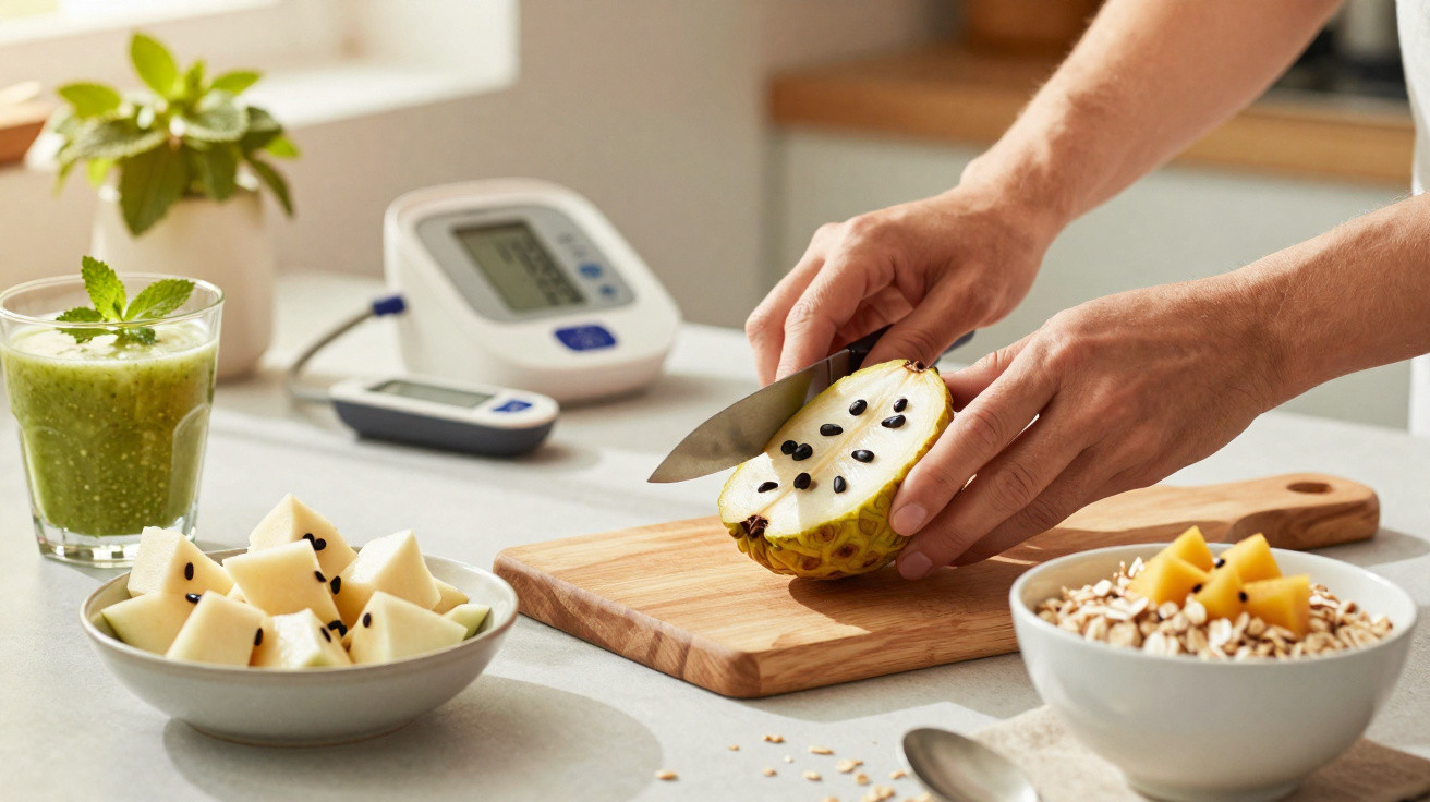 Pessoa cortando fruta exótica, com suco verde, tigela de fruta fatiada e medidor de pressão ao fundo.