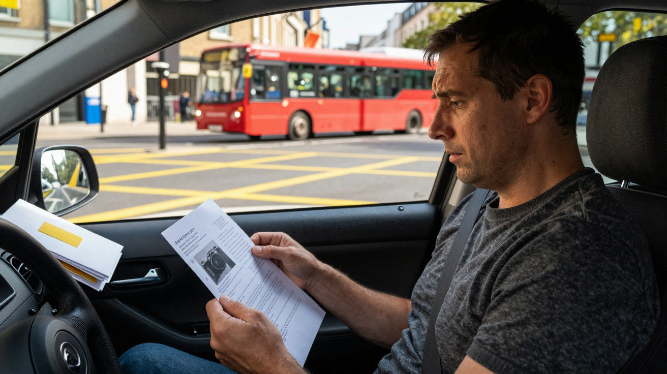 Homem sentado em carro parado analisando documento, com ônibus vermelho ao fundo na rua.