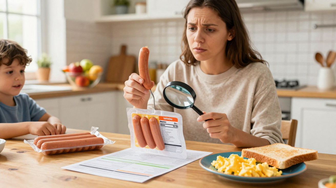 Mulher olha preocupada para embalagem de salsichas com lupa enquanto menino observa em cozinha.