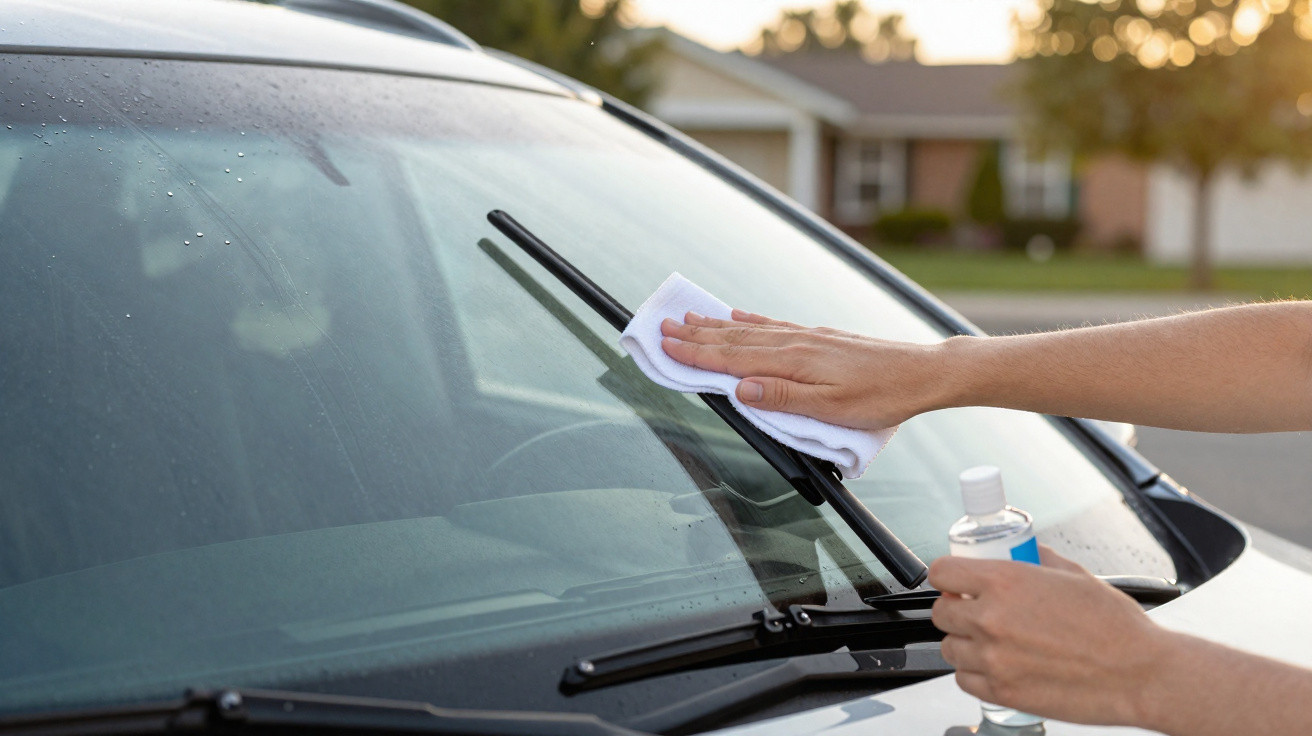 Pessoa limpando o para-brisa de um carro com pano branco e frasco de líquido transparente.