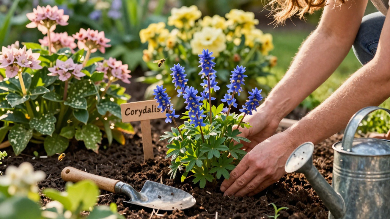 Pessoa plantando flores azuis Corydalis em jardim com regador, pá e outras flores ao redor.