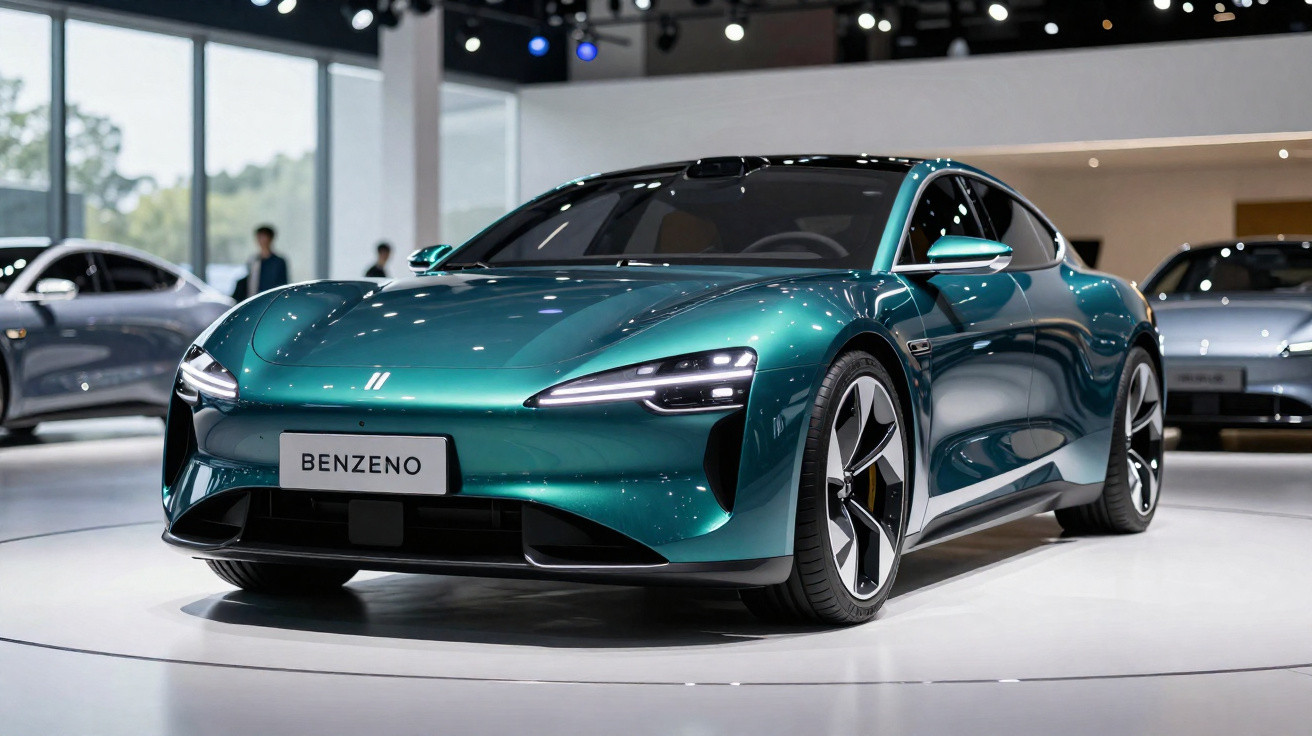 Carro elétrico esportivo verde metálico Benzeno em exposição em salão automobilístico moderno.