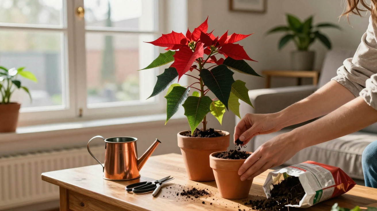 Pessoa cuidando de vasos com planta de poinsétia vermelha em mesa de madeira em ambiente iluminado.