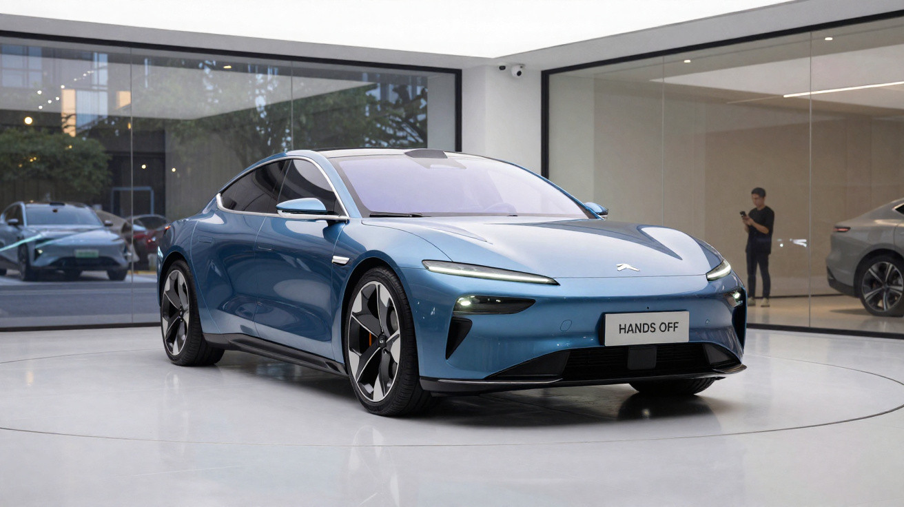 Carro elétrico azul em exposição interna, com design moderno e placa "HANDS OFF" à frente.