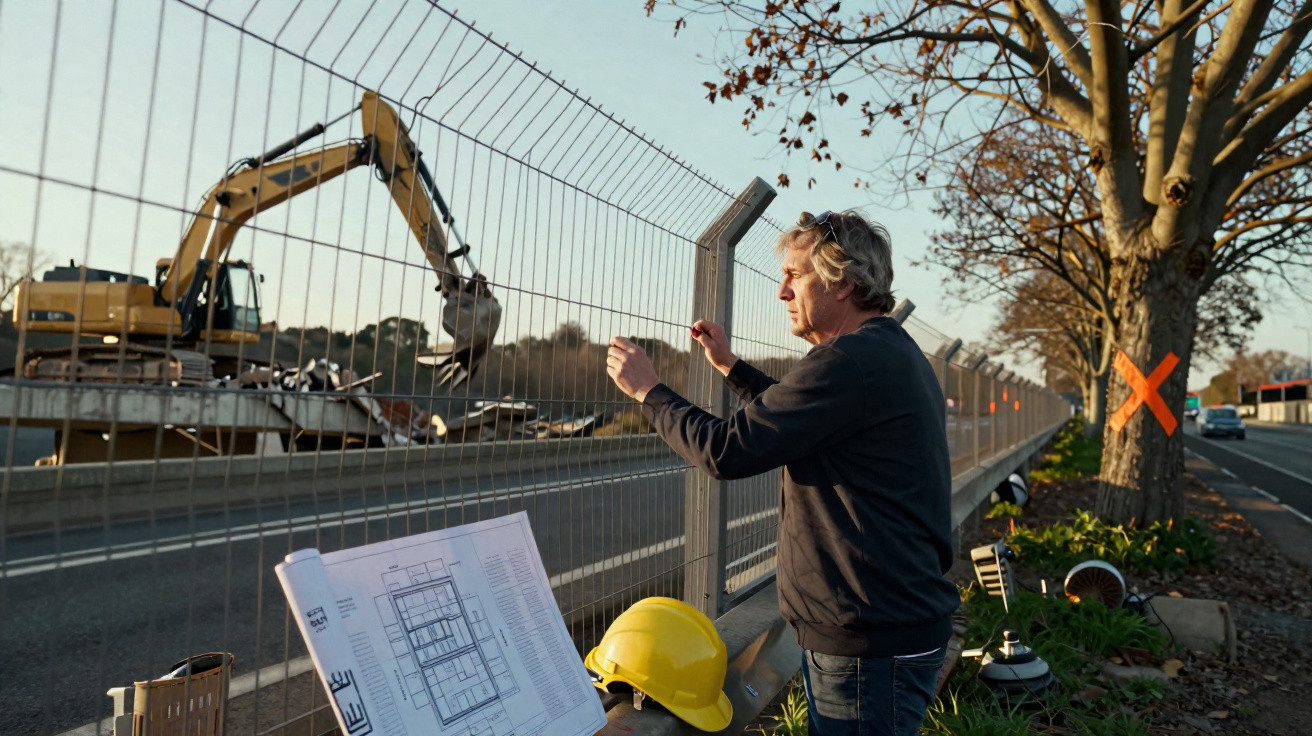 Homem observa máquina de construção atrás de cerca em obra com capacete e plantas próximas.