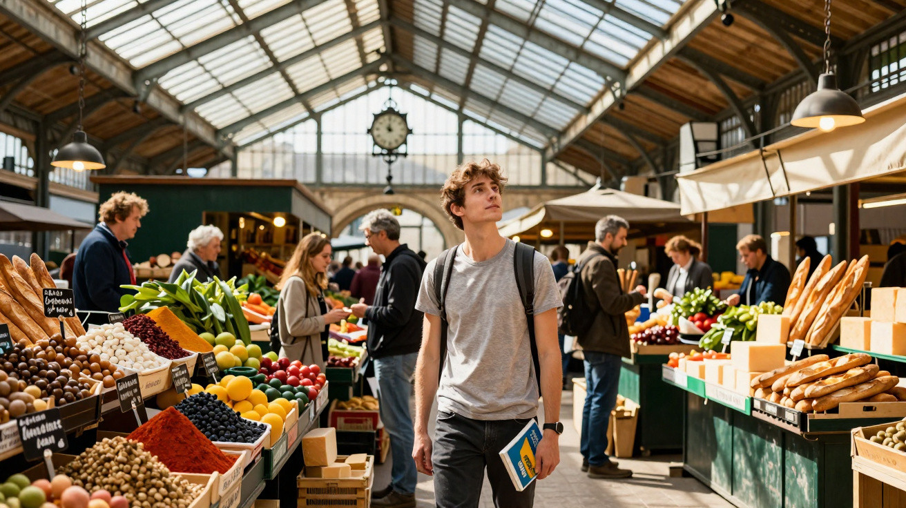 Homem jovem com mochila e caderno caminha por mercado coberto com barracas de frutas, legumes e pães.