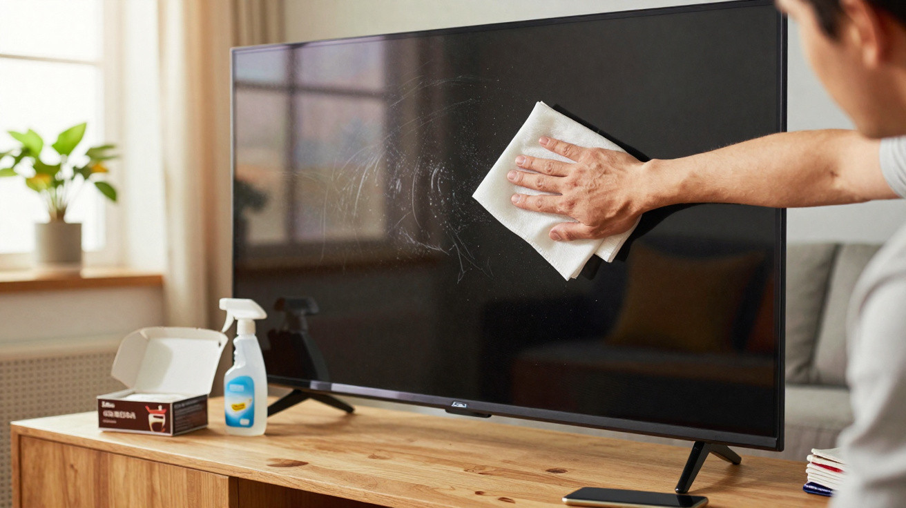 Pessoa limpando a tela de uma TV com um pano branco em uma sala iluminada.