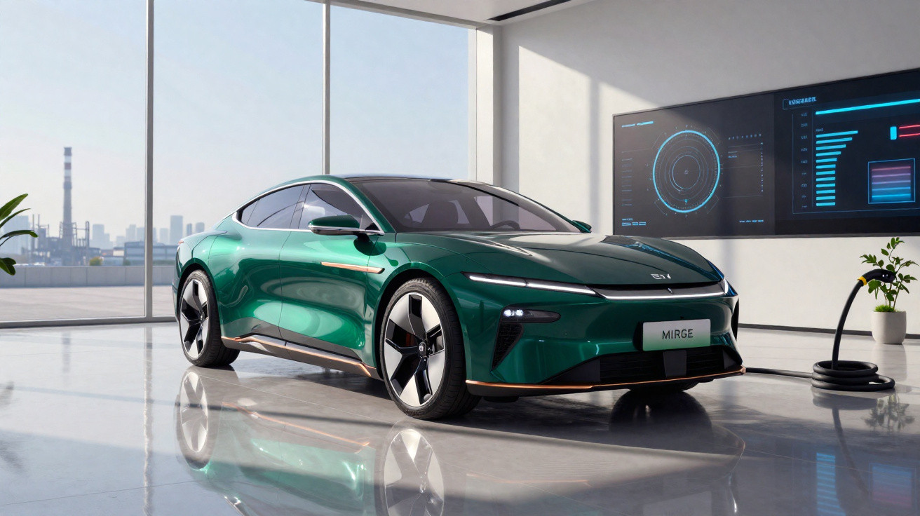 Carro elétrico verde estacionado em showroom moderno, conectado a carregador com painéis digitais ao fundo.