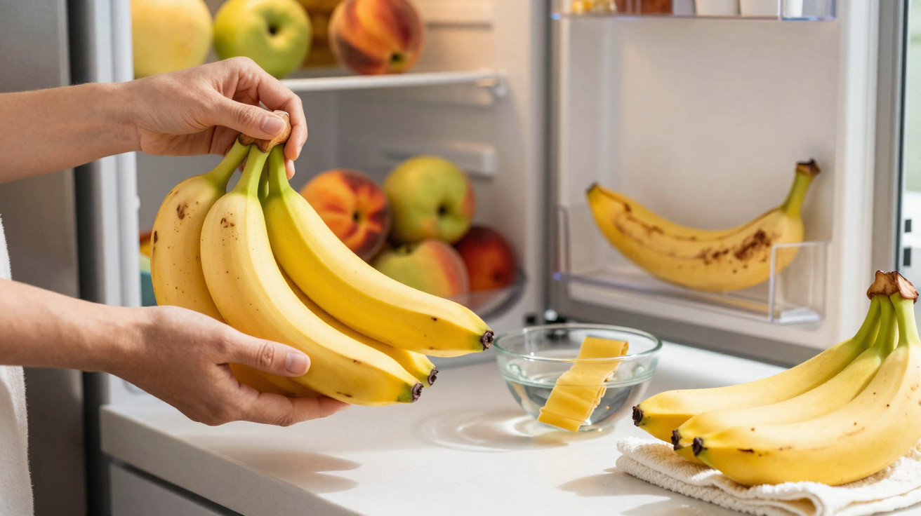 Pessoa segurando cacho de bananas perto de frutas na geladeira aberta em cozinha iluminada.