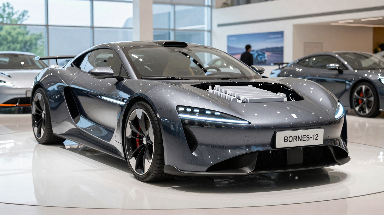 Carro esportivo elétrico cinza com capô aberto mostrando motor exposto, em exposição indoor.