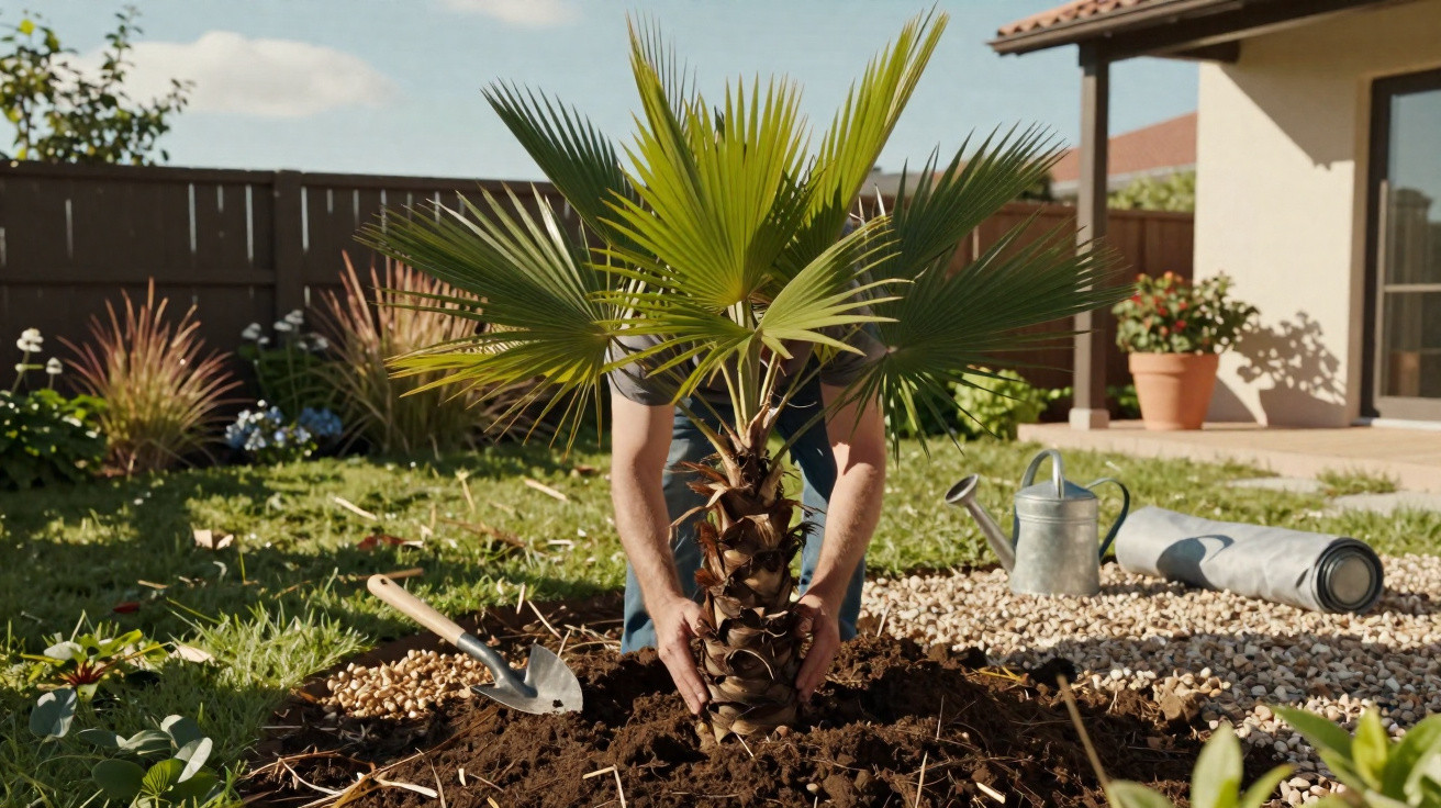Pessoa plantando muda de palmeira em jardim residencial sob céu claro.