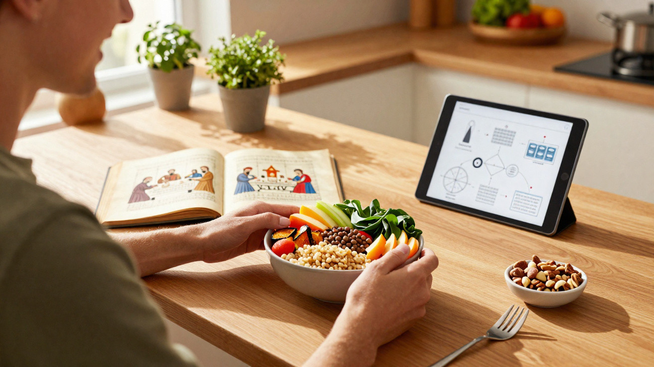 Pessoa segurando tigela com salada, legumes e grãos em mesa com tablet e livro aberto ao fundo.