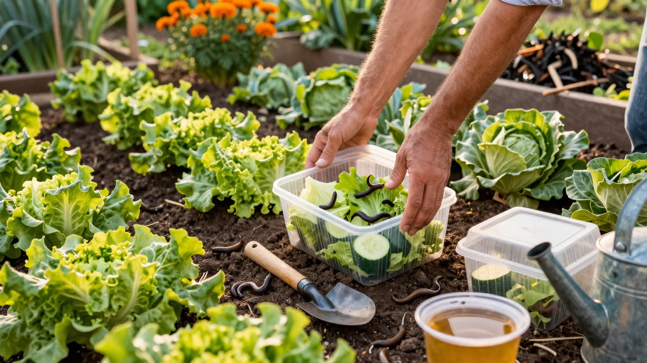 Mãos coletando lesmas em hortaliças no solo, com regador, pá de jardim e caixa plástica transparente.