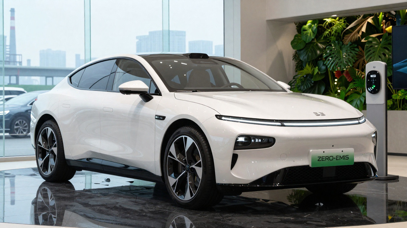 Carro elétrico branco estacionado em showroom moderno com parede de vidro e estação de carregamento.
