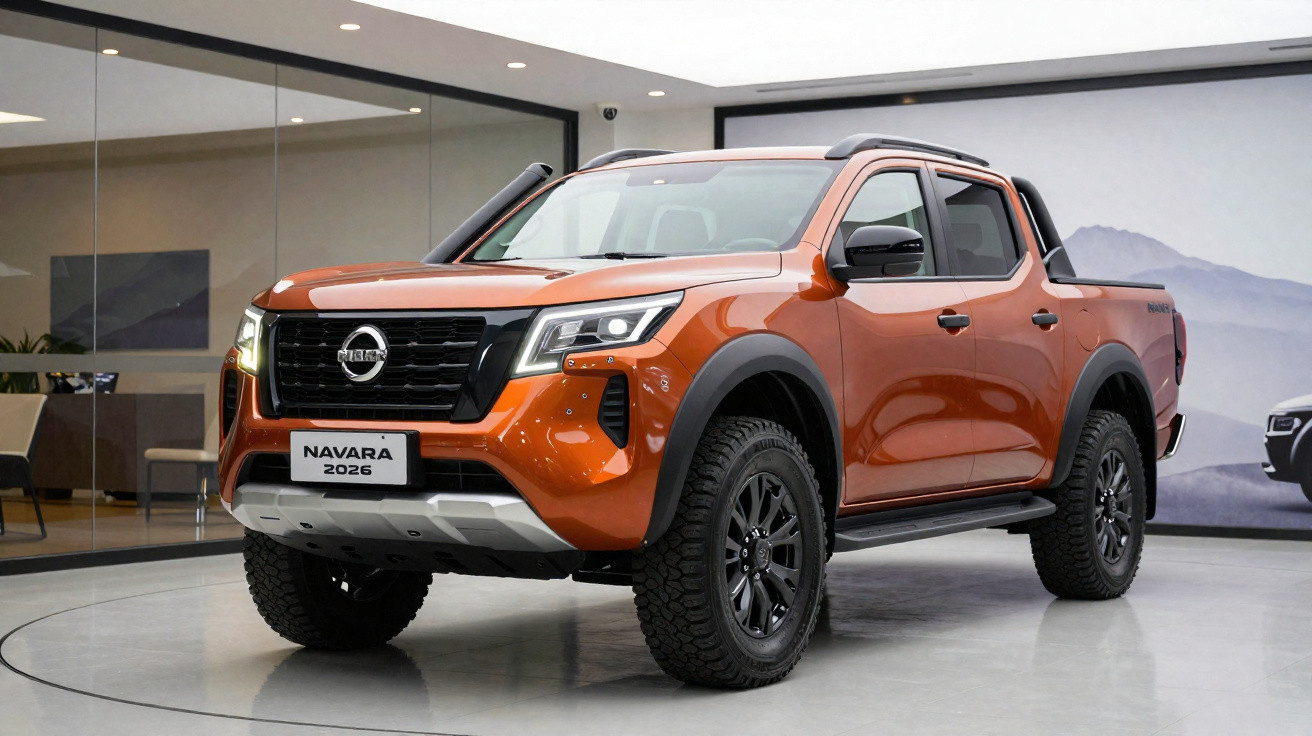 Picape Nissan Navara 2026 na cor laranja em exposição com destaque para pneus robustos e design moderno.