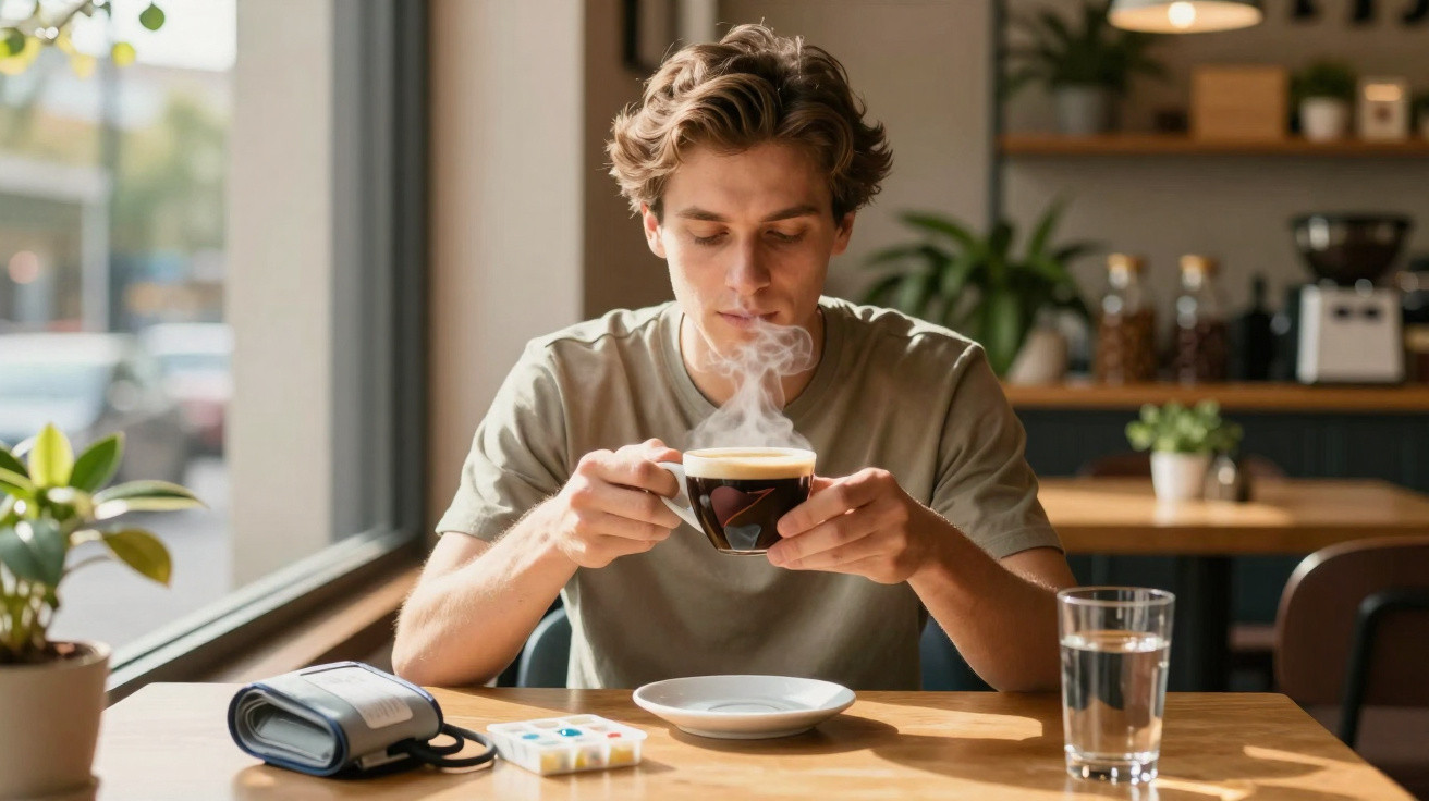 Jovem sentado em cafeteria segurando xícara com café quente, mesa com medidor de pressão, remédios e copo d’água.