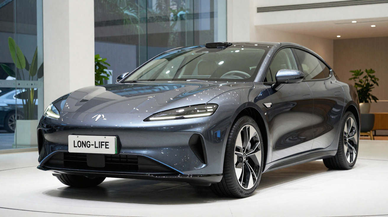 Carro elétrico cinza escuro em exposição, com design moderno e placa escrita LONG-LIFE.