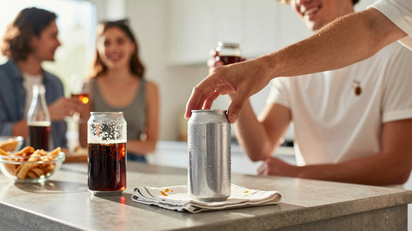 Pessoa pegando lata de bebida em mesa com petiscos enquanto outras três pessoas conversam ao fundo.