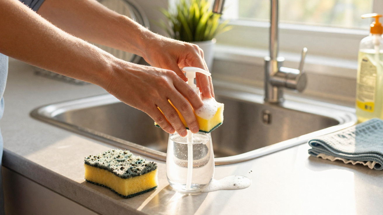 Mãos espumando esponja com detergente líquido na pia da cozinha ensolarada.