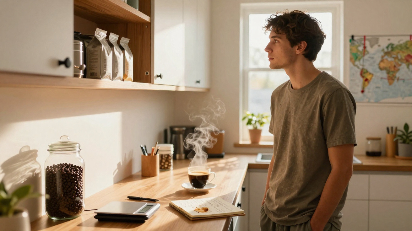 Jovem em cozinha iluminada olhando pela janela, com mesa com café e caderno à sua frente.