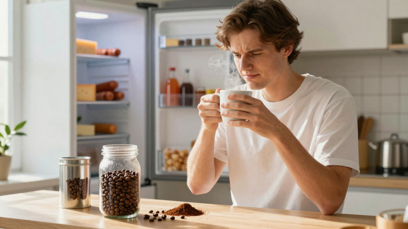 Homem jovem cheirando uma xícara de café quente na cozinha com grãos e pó de café sobre a mesa.