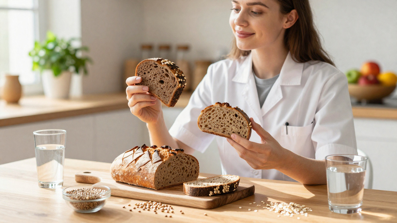 Mulher segurando fatias de pão integral em cozinha com pão e copos d'água sobre mesa de madeira.