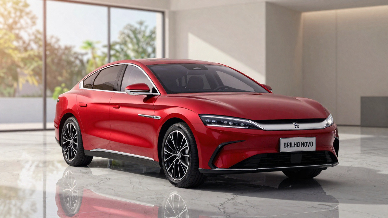Carro elétrico sedã vermelho Brilho Novo em ambiente interno com piso espelhado e luz natural.