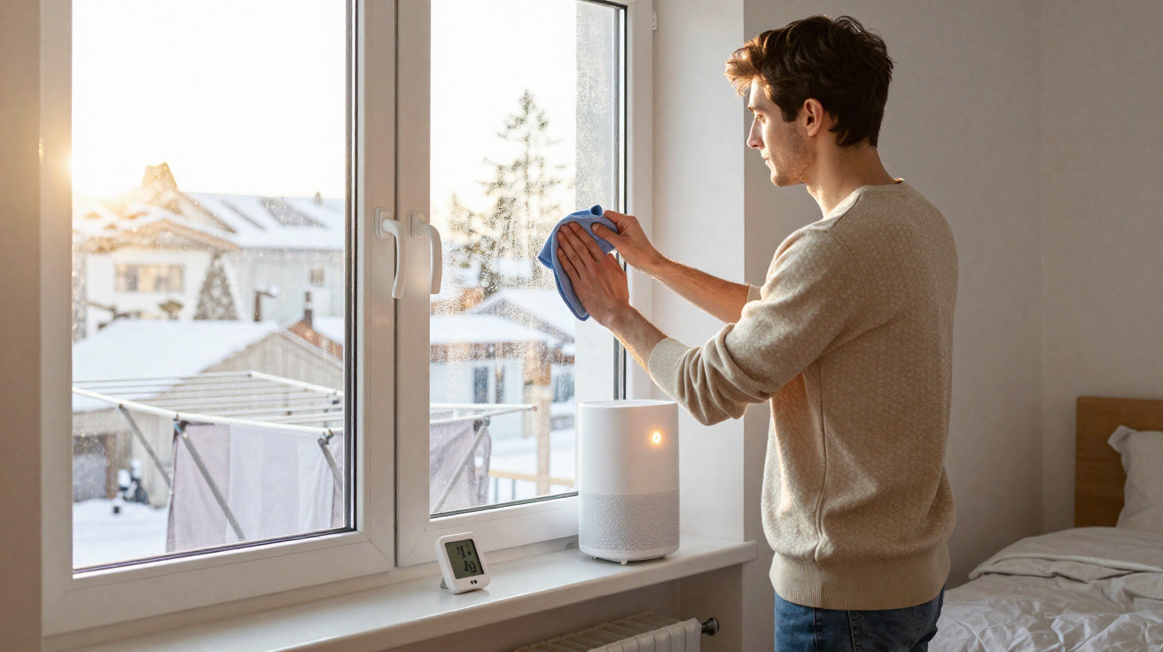 Homem limpando a janela de casa com pano azul em ambiente iluminado pelo sol da manhã.