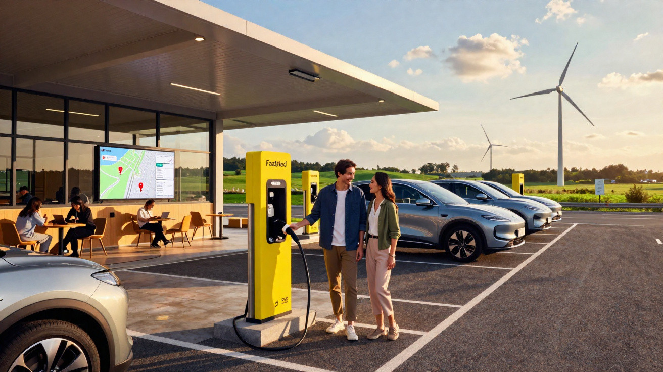 Posto de recarga rápida para carros elétricos com casal carregando veículo ao pôr do sol.