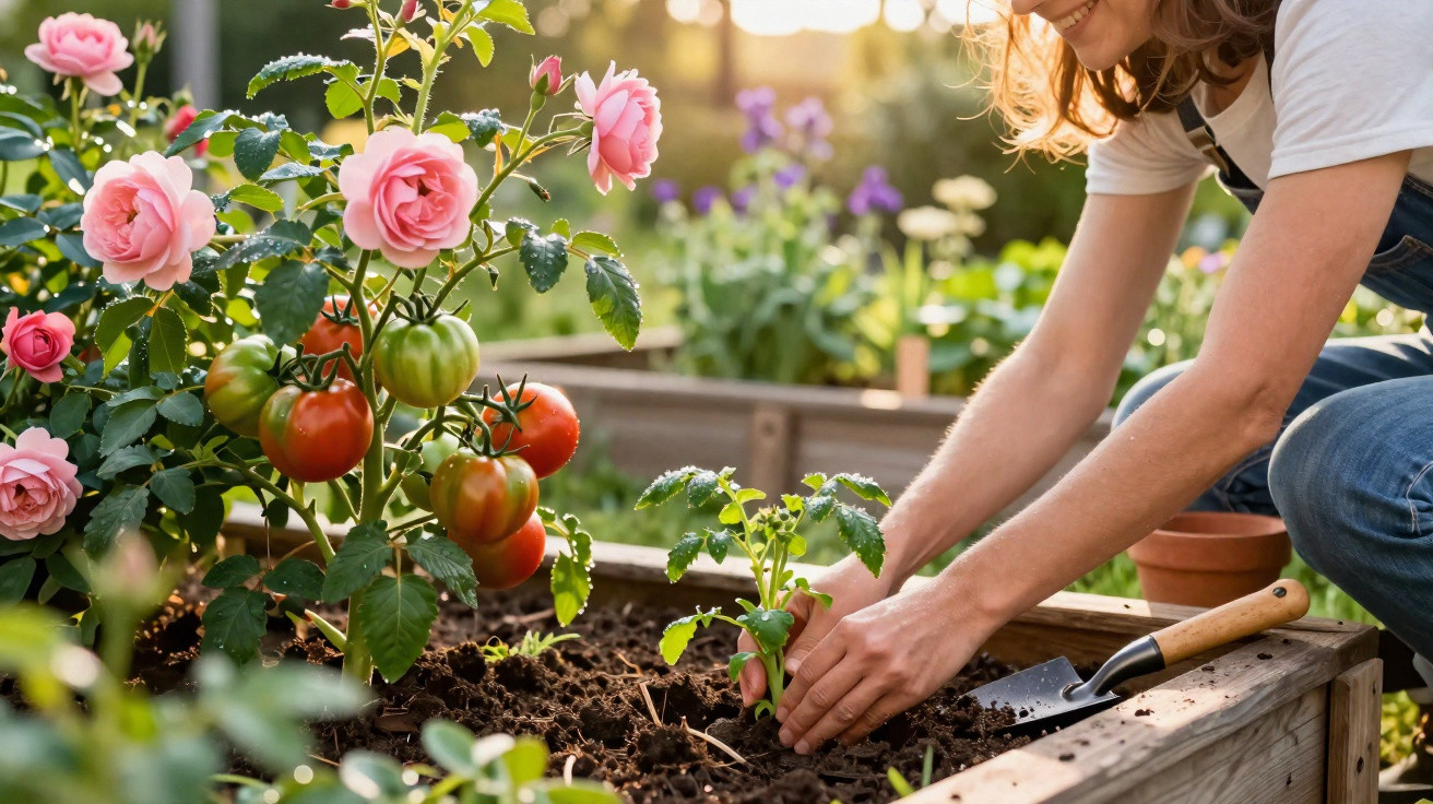 Pessoa plantando muda de tomate em canteiro com rosas cor-de-rosa ao redor durante o dia ensolarado.