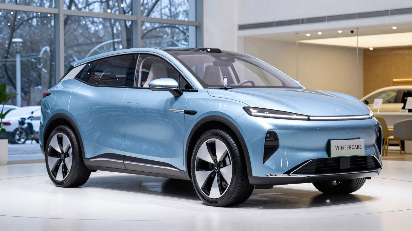 Carro elétrico azul claro estacionado em showroom moderno com janelas amplas e iluminação interna.