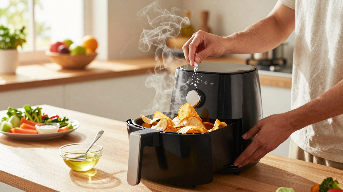 Pessoa temperando batatas fritas quentes na air fryer preta em cozinha clara e organizada.
