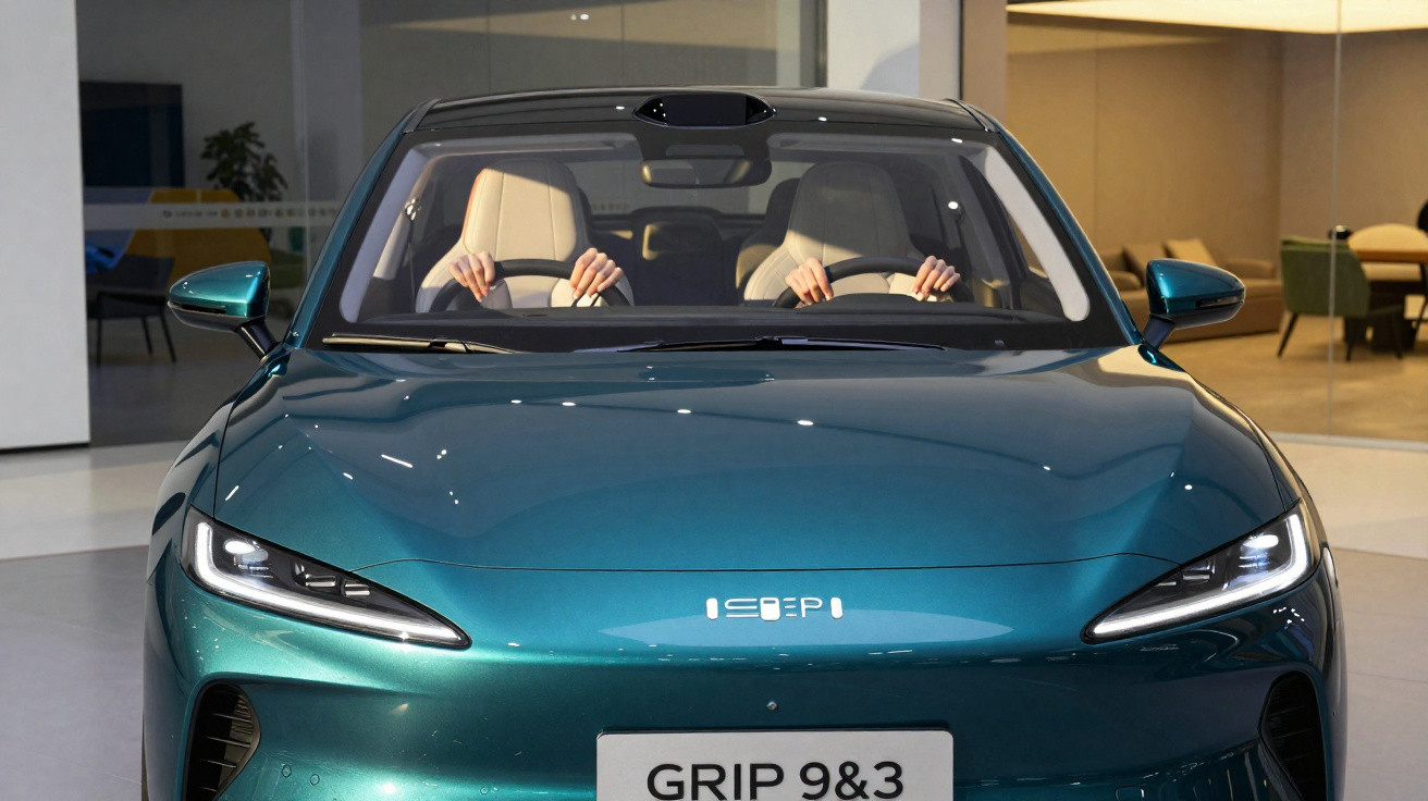 Carro elétrico verde metálico modelo Grip 9&3 em showroom, visto de frente com duas pessoas ao volante.