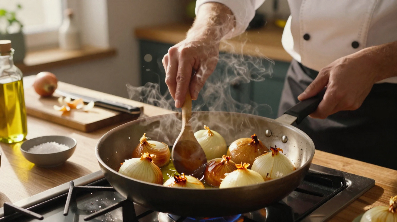 Chef mexendo cebolas na frigideira quente em fogão a gás em cozinha iluminada pela luz natural.