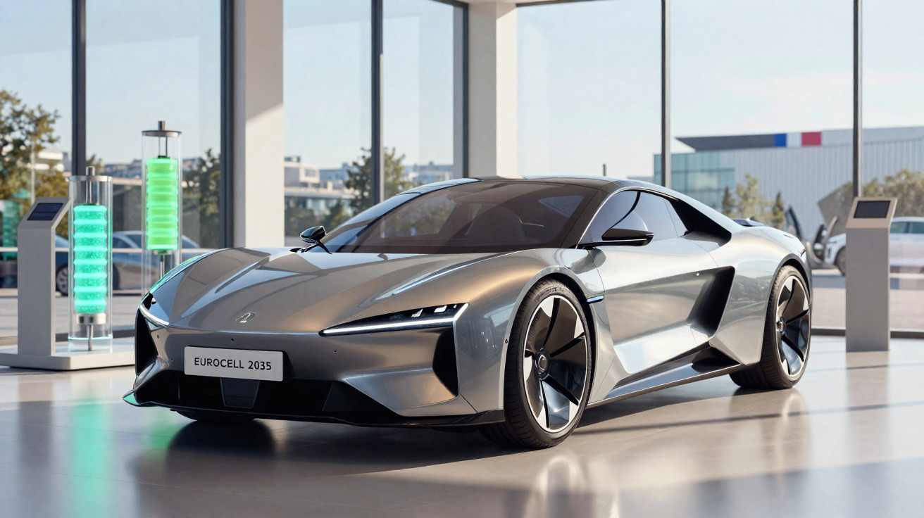 Carro esportivo elétrico prata Eurocell 2035 em showroom moderno com janelas amplas e luz natural.