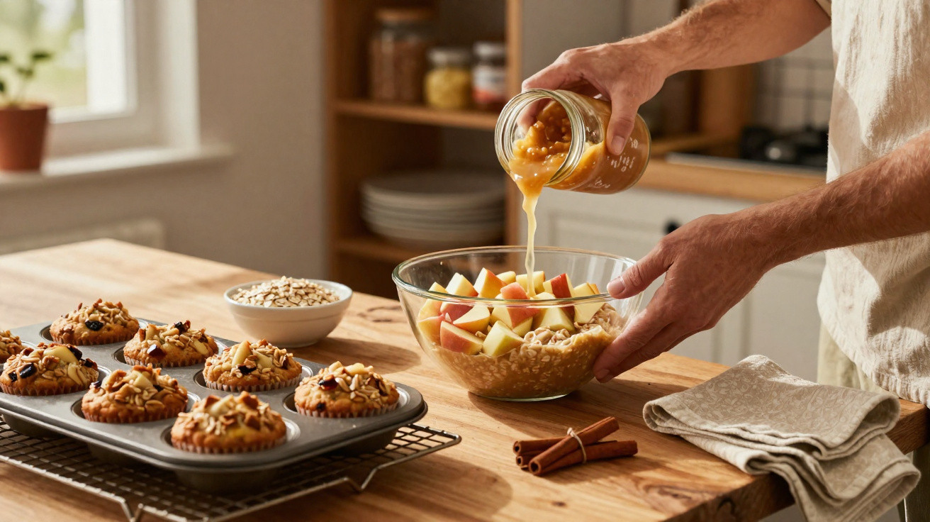 Pessoa despejando molho sobre bowl com maçãs e cereais, ao lado de muffins em forma metálica na bancada da cozinha.