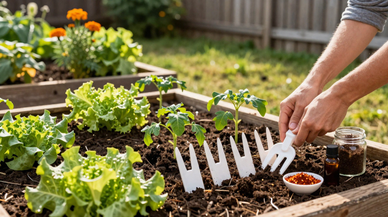 Pessoa cuidando de mudas em canteiro elevado com alface, tomatinhos e ferramentas de jardinagem.