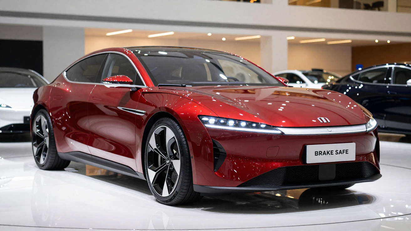 Carro elétrico esportivo vermelho em exposição, com design moderno e faróis de LED acesos.