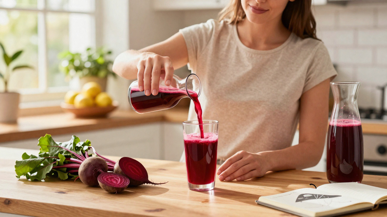 Mulher servindo suco de beterraba em copo na cozinha clara, com beterrabas e livro na mesa de madeira.