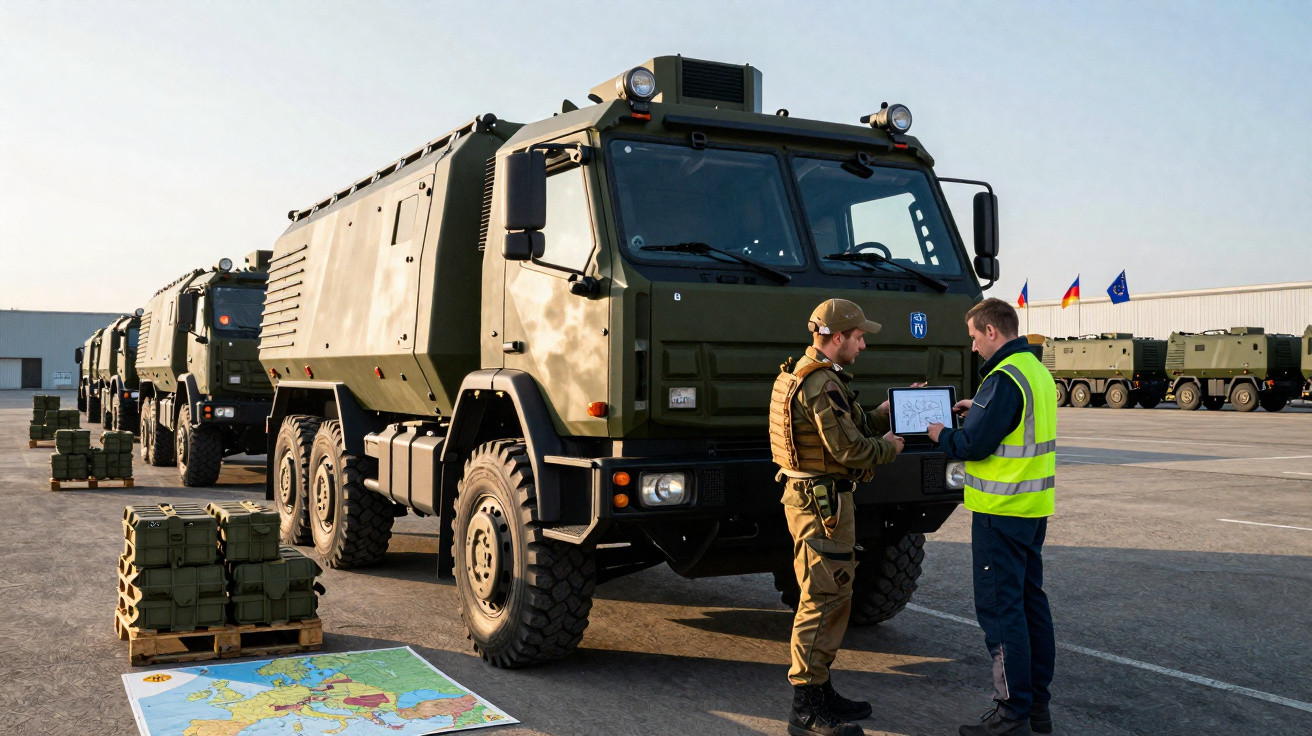 Homens em uniforme militar e colete refletivo examinam mapa ao lado de caminhões militares verdes estacionados.