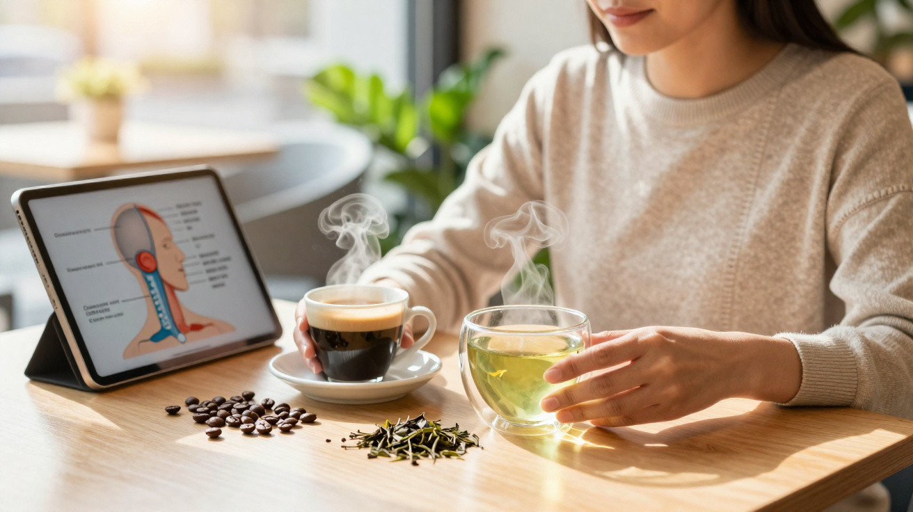 Pessoa segurando xícaras de café e chá quente, com tablet mostrando ilustração de anatomia da garganta.