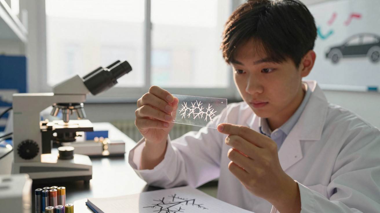 Jovem cientista analisando lâmina com desenho de neurônios em laboratório com microscópio.
