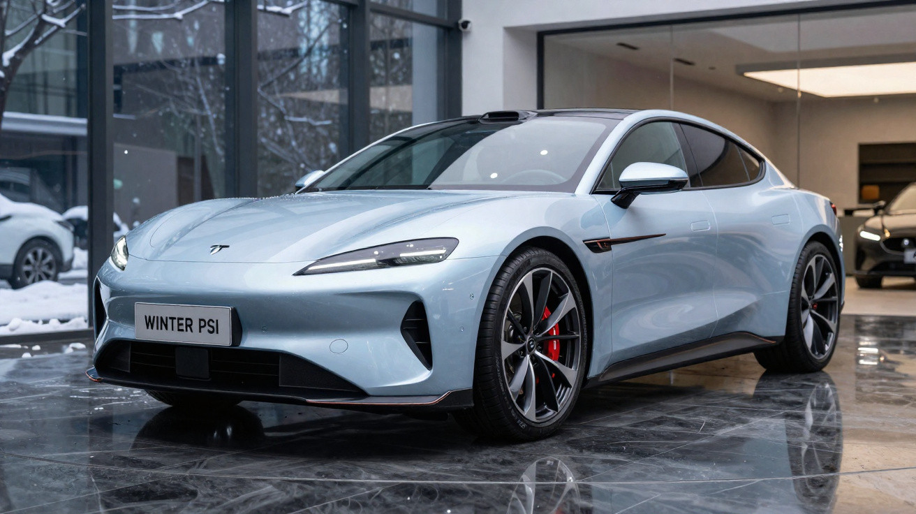 Carro esportivo elétrico prata estacionado dentro de showroom moderno e iluminado.