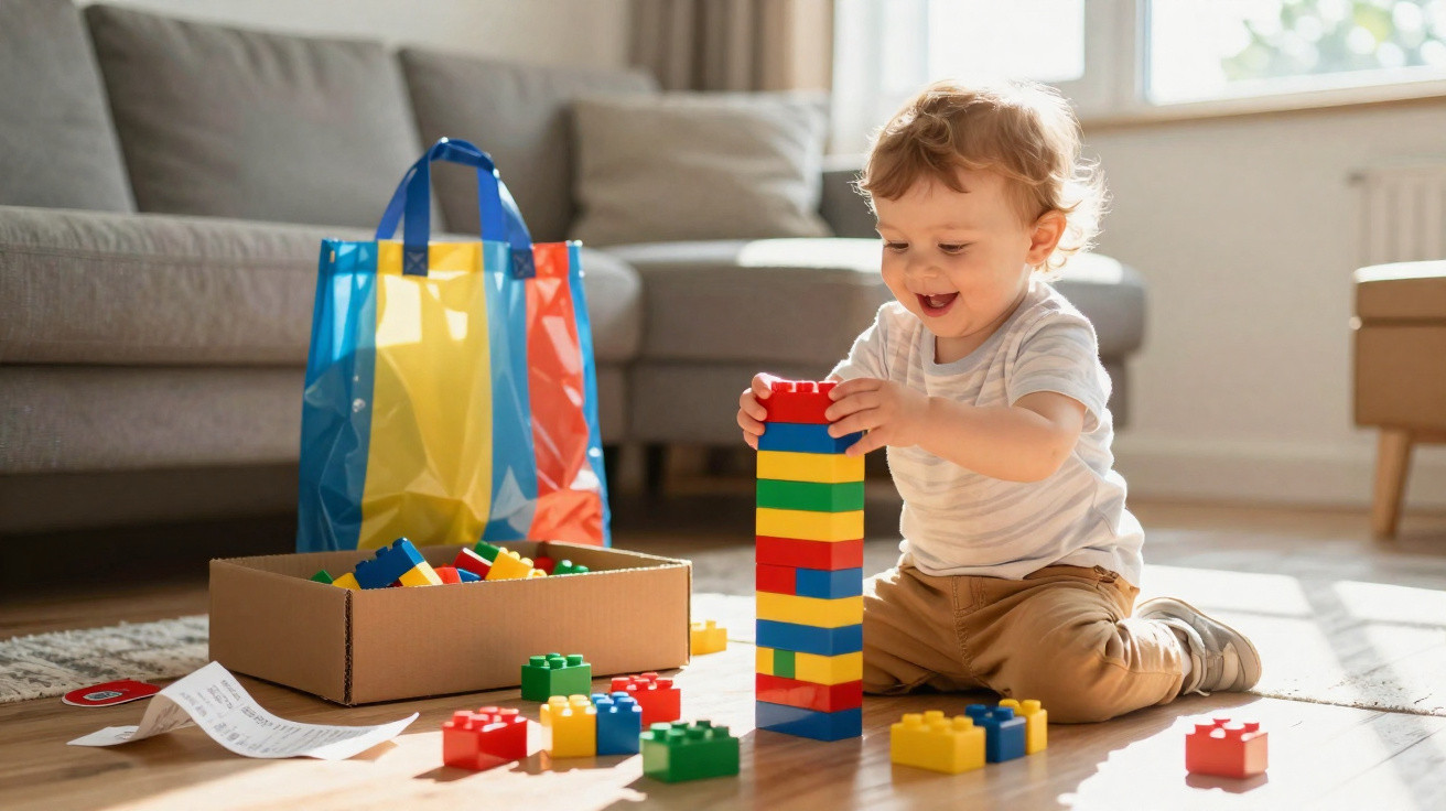 Criança sorridente brinca construindo torre colorida com blocos de montar no chão da sala.