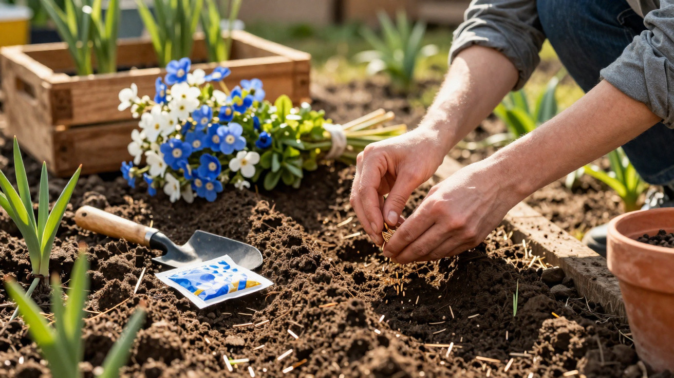 Pessoa plantando sementes em canteiro de terra ao ar livre com flores e ferramentas próximas.