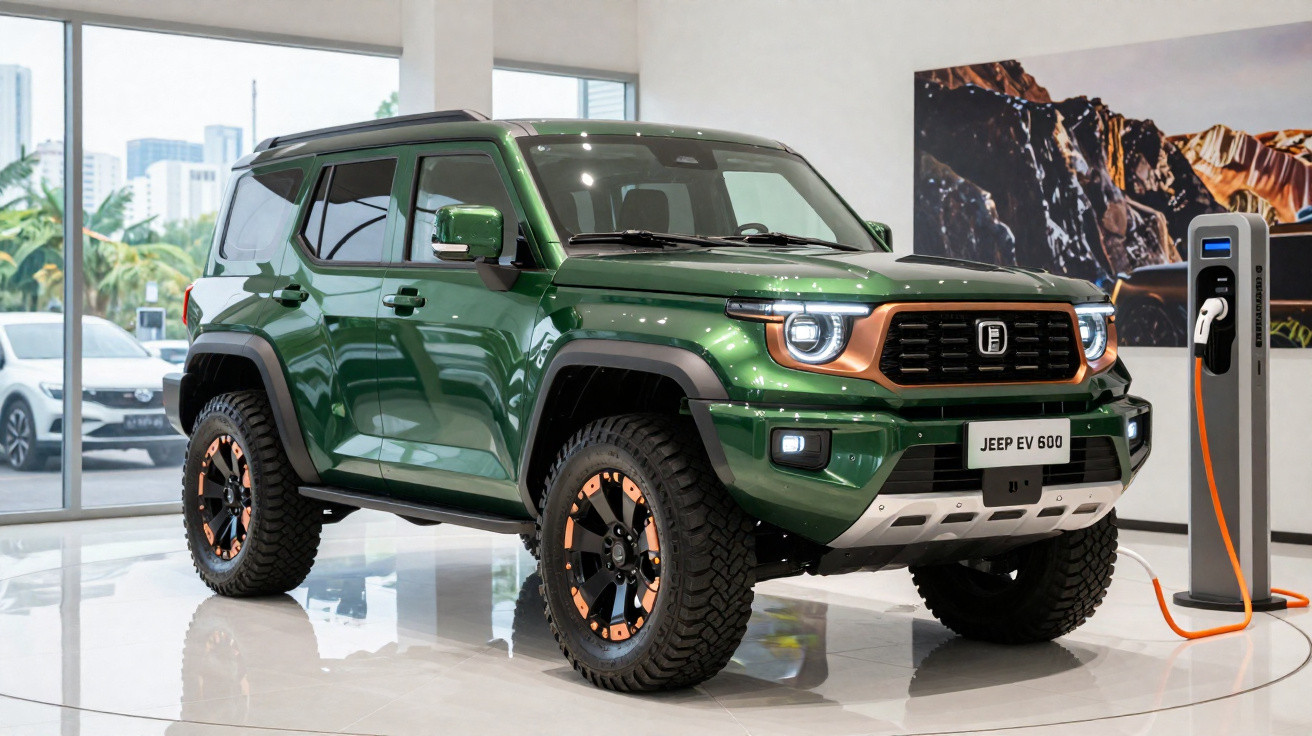 Carro SUV verde Jeep EV 600 elétrico conectado a carregador em showroom com janela panorâmica.